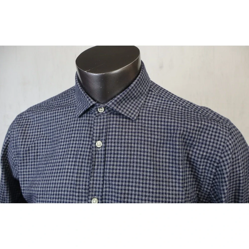 Lafaurie Mens Shirt Button Front Long Sleeve Blue Check Size L Cotton Ronnie - Picture 4 of 6